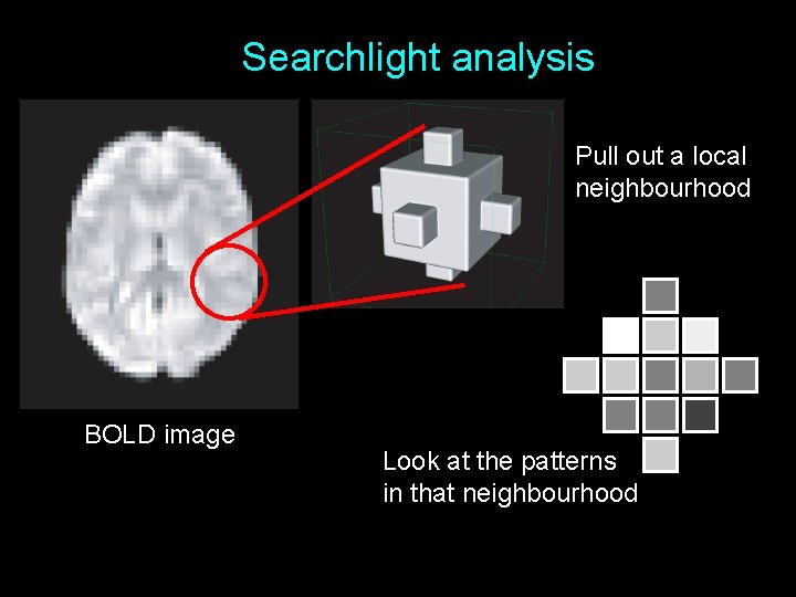 Searchlight analysis Pull out a local neighbourhood BOLD image Look at the patterns in