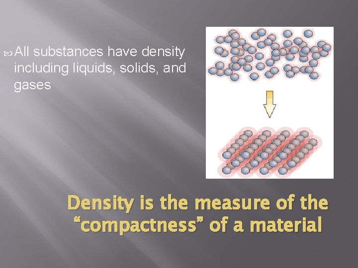  All substances have density including liquids, solids, and gases Density is the measure