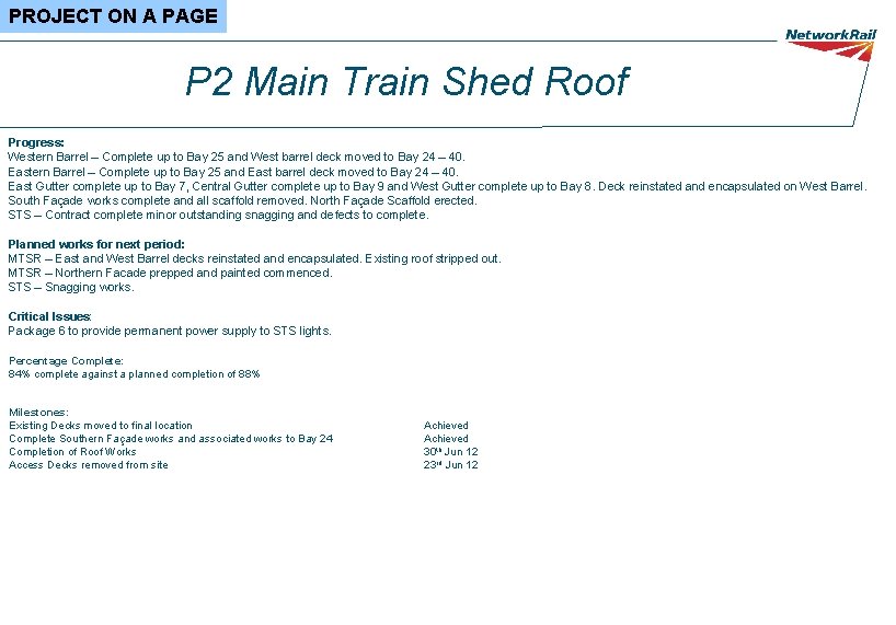 PROJECT ON A PAGE P 2 Main Train Shed Roof Progress: Western Barrel –