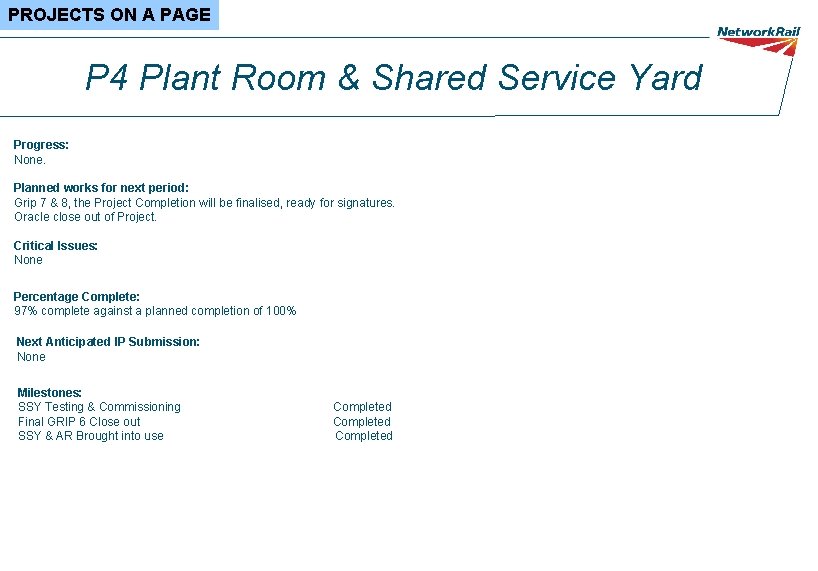 PROJECTS ON A PAGE P 4 Plant Room & Shared Service Yard Progress: None.