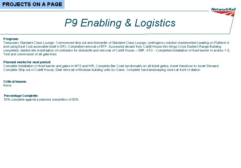 PROJECTS ON A PAGE P 9 Enabling & Logistics Progress: Temporary Standard Class Lounge: