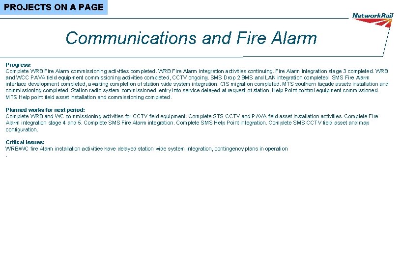 PROJECTS ON A PAGE Communications and Fire Alarm Progress: Complete WRB Fire Alarm commissioning