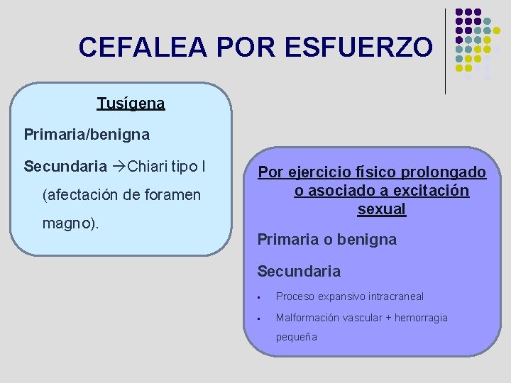 CEFALEA POR ESFUERZO Tusígena Primaria/benigna Secundaria Chiari tipo I (afectación de foramen magno). Por
