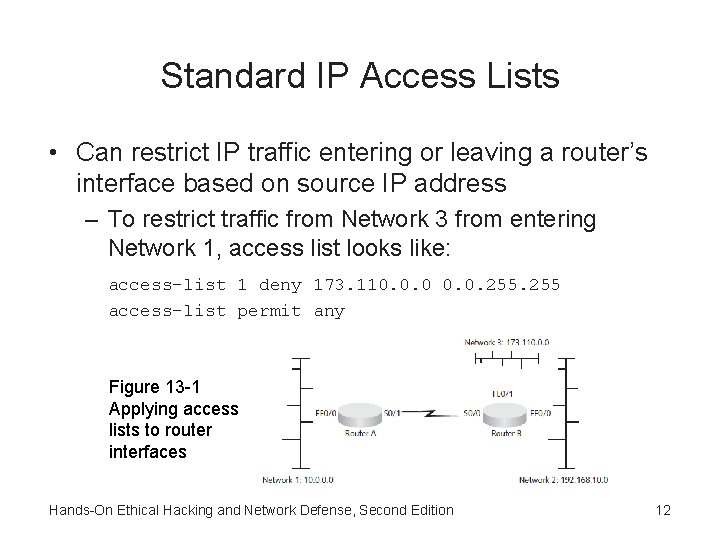 Standard IP Access Lists • Can restrict IP traffic entering or leaving a router’s Standard IP Access Lists • Can restrict IP traffic entering or leaving a router’s