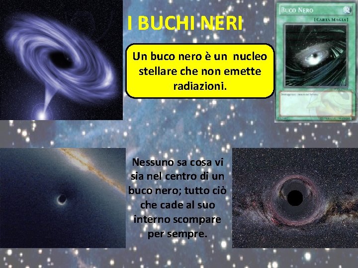 I BUCHI NERI Un buco nero è un nucleo stellare che non emette radiazioni. I BUCHI NERI Un buco nero è un nucleo stellare che non emette radiazioni.
