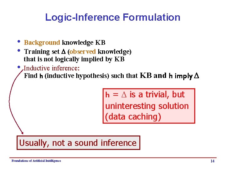 Logic-Inference Formulation i Background knowledge KB i Training set D (observed knowledge) that is