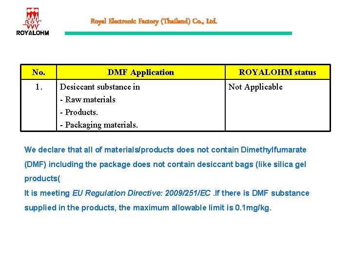 Royal Electronic Factory (Thailand) Co. , Ltd. No. 1. DMF Application Desiccant substance in