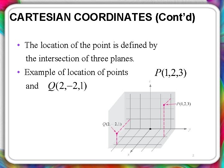 CARTESIAN COORDINATES (Cont’d) • The location of the point is defined by the intersection