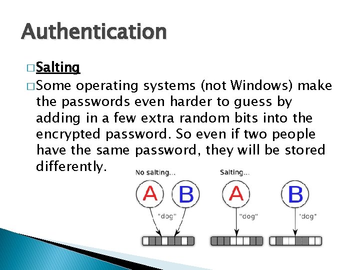 Authentication � Salting � Some operating systems (not Windows) make the passwords even harder