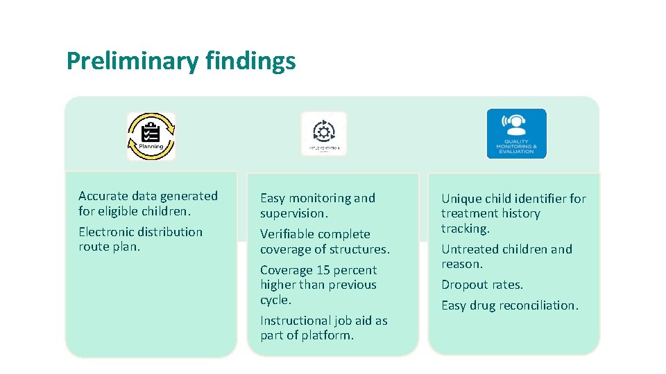 Preliminary findings Accurate data generated for eligible children. Easy monitoring and supervision. Electronic distribution