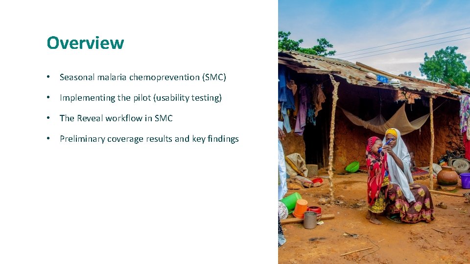 Overview • Seasonal malaria chemoprevention (SMC) • Implementing the pilot (usability testing) • The