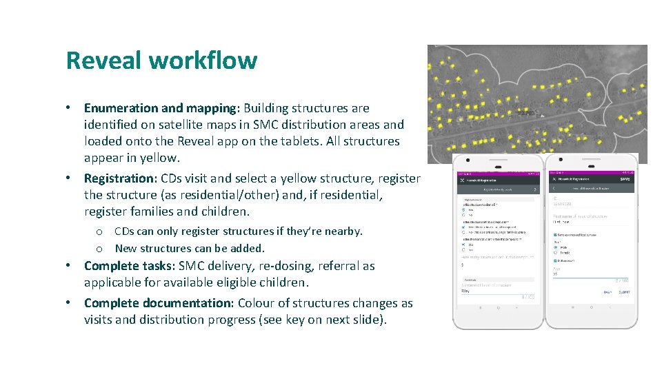 Reveal workflow • Enumeration and mapping: Building structures are identified on satellite maps in
