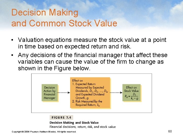Decision Making and Common Stock Value • Valuation equations measure the stock value at
