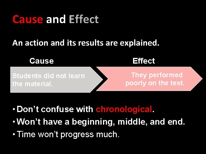 Cause and Effect An action and its results are explained. Cause Students did not