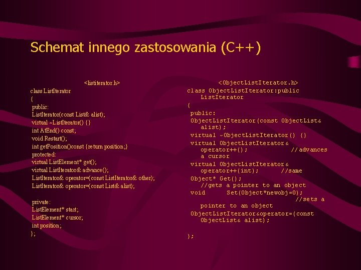 Schemat innego zastosowania (C++) <listiterator. h> class List. Iterator { public: List. Iterator(const List&