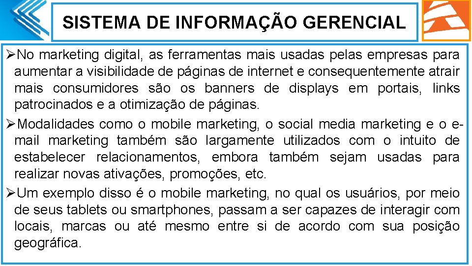 SISTEMA DE INFORMAÇÃO GERENCIAL ØNo marketing digital, as ferramentas mais usadas pelas empresas para