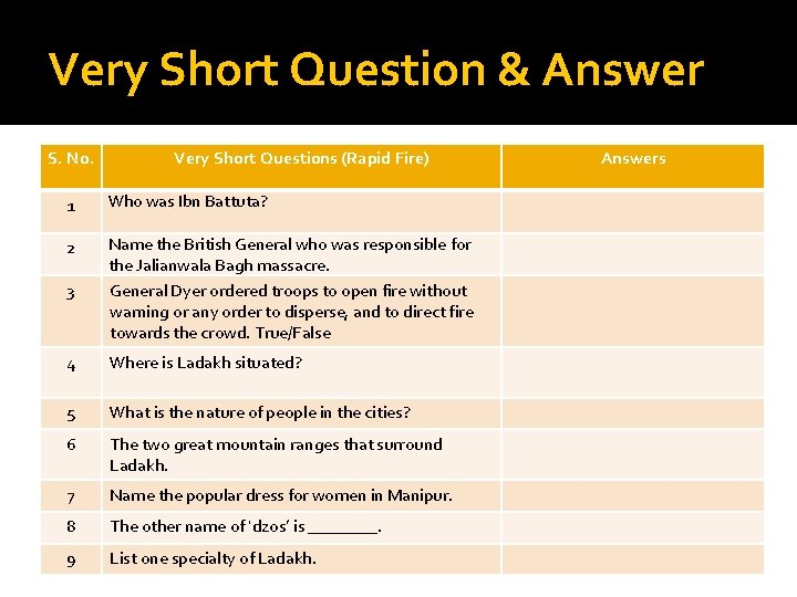 Very Short Question & Answer S. No. 1 2 3 Very Short Questions (Rapid