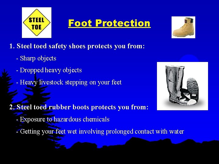 Foot Protection 1. Steel toed safety shoes protects you from: - Sharp objects -