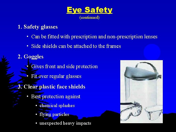 Eye Safety (continued) 1. Safety glasses • Can be fitted with prescription and non-prescription