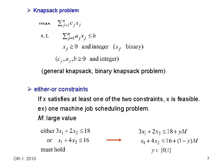 Ø Knapsack problem (general knapsack, binary knapsack problem) Ø either-or constraints If x satisfies