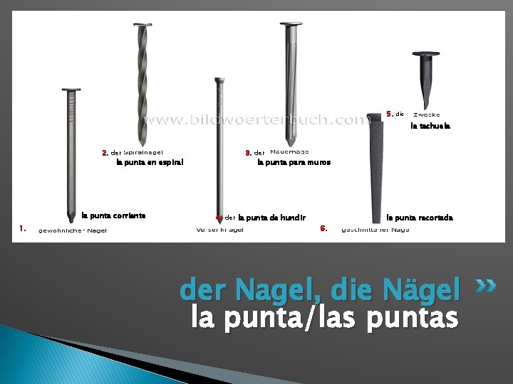 5. die la tachuela 2. der la punta en espiral la punta corriente 1.