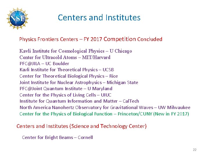 Centers and Institutes Physics Frontiers Centers – FY 2017 Competition Concluded Kavli Institute for