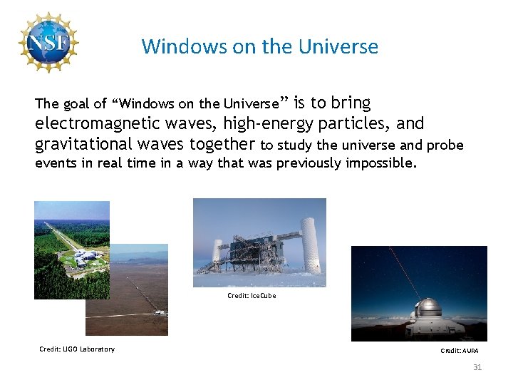 Windows on the Universe The goal of “Windows on the Universe” is to bring