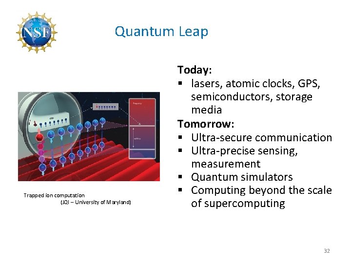 Quantum Leap Leading the next quantum revolution Today: § lasers, atomic clocks, GPS, semiconductors,
