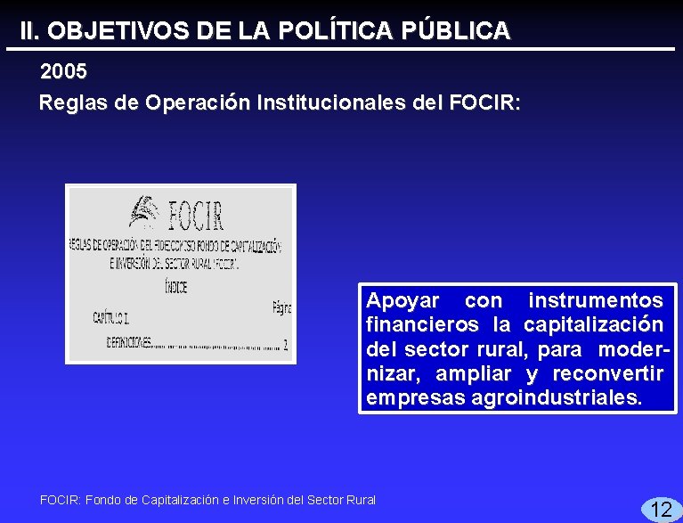 II. OBJETIVOS DE LA POLÍTICA PÚBLICA 2005 Reglas de Operación Institucionales del FOCIR: Apoyar