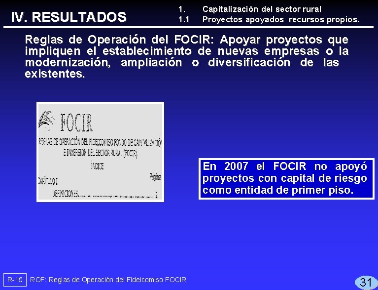 IV. RESULTADOS 1. 1. 1 Capitalización del sector rural Proyectos apoyados recursos propios. Reglas