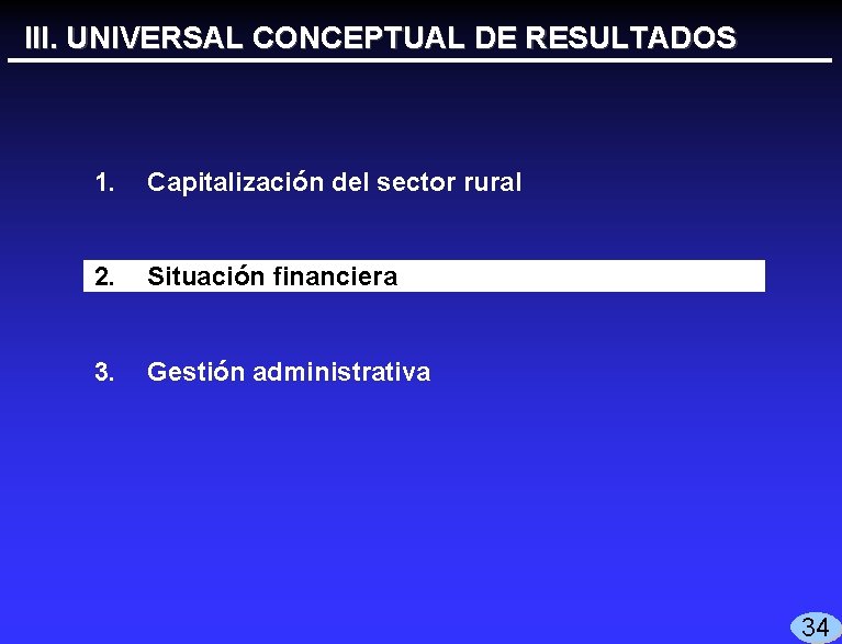 III. UNIVERSAL CONCEPTUAL DE RESULTADOS 1. Capitalización del sector rural 2. Situación financiera 3.