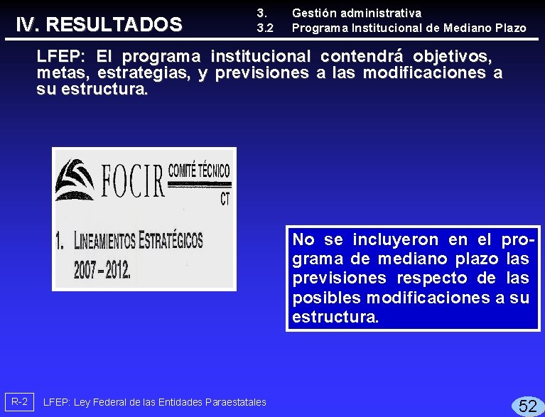 IV. RESULTADOS 3. 3. 2 Gestión administrativa Programa Institucional de Mediano Plazo LFEP: El