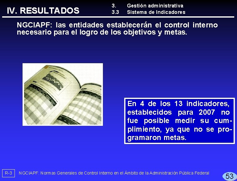 IV. RESULTADOS 3. 3. 3 Gestión administrativa Sistema de Indicadores NGCIAPF: las entidades establecerán