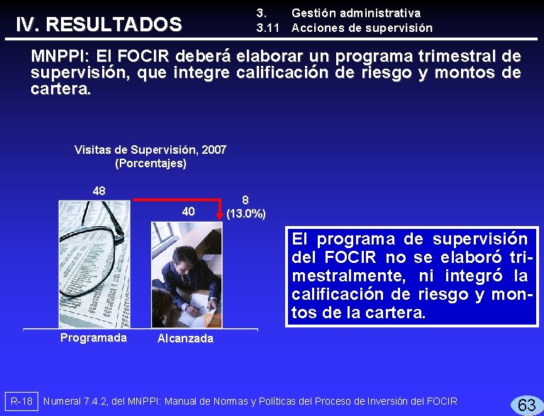 3. Gestión administrativa 3. 11 Acciones de supervisión IV. RESULTADOS MNPPI: El FOCIR deberá