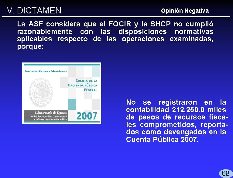 V. DICTAMEN Opinión Negativa La ASF considera que el FOCIR y la SHCP no