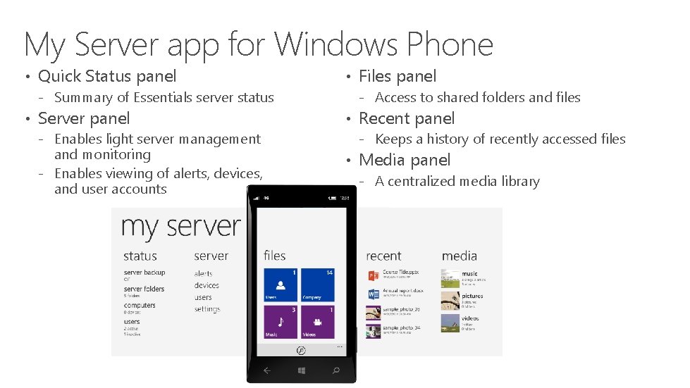 My Server app for Windows Phone • Quick Status panel ‐ Summary of Essentials