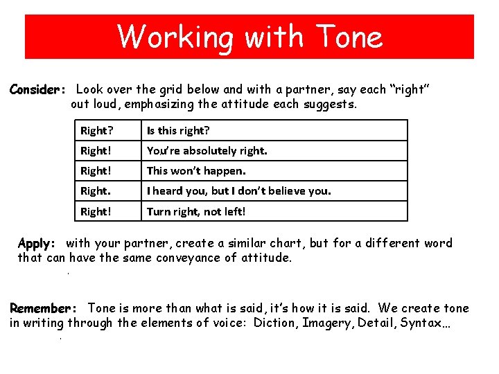 Working with Tone Consider: Look over the grid below and with a partner, say