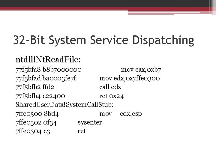 32 -Bit System Service Dispatching ntdll!Nt. Read. File: 77 f 5 bfa 8 b