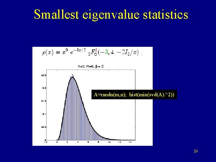 Smallest eigenvalue statistics A=randn(m, n); hist(min(svd(A). ^2)) 39 
