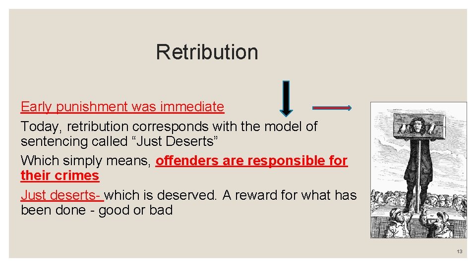  Retribution Early punishment was immediate Today, retribution corresponds with the model of sentencing