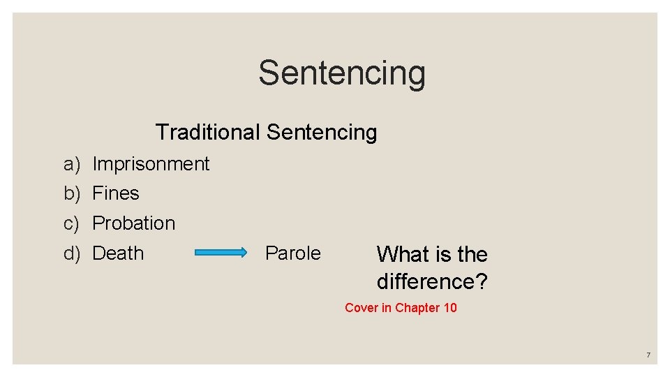  Sentencing Traditional Sentencing a) b) c) d) Imprisonment Fines Probation Death Parole What
