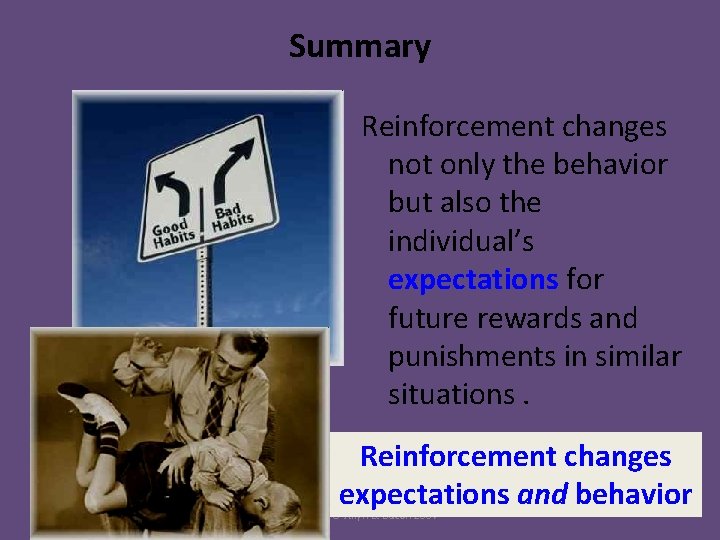 Summary Reinforcement changes not only the behavior but also the individual’s expectations for future