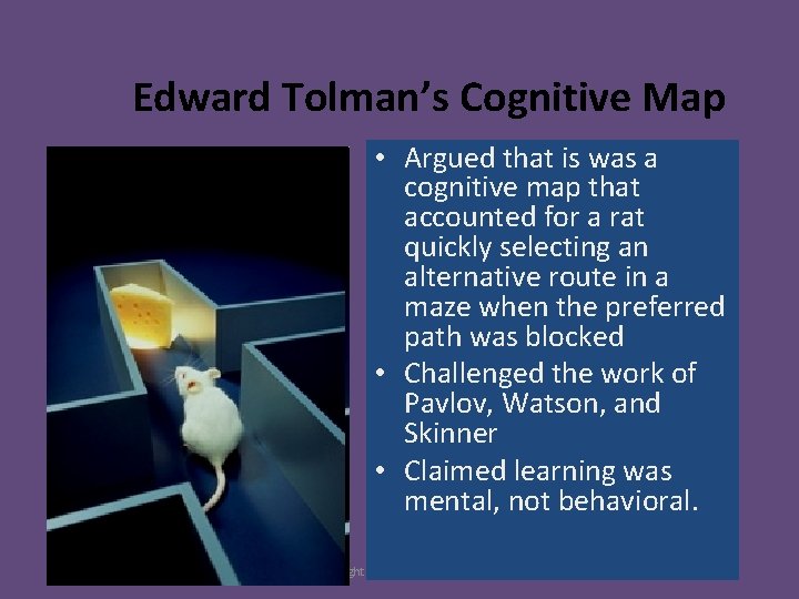 Edward Tolman’s Cognitive Map • Argued that is was a cognitive map that accounted