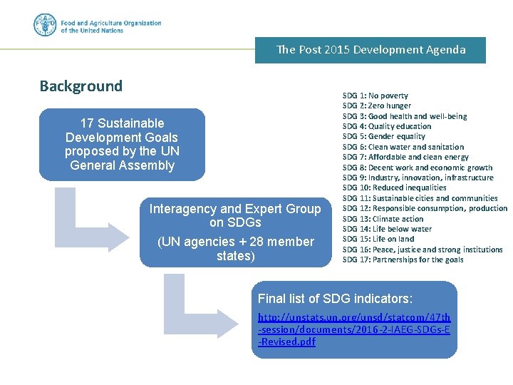 The Post 2015 Development Agenda Background 17 Sustainable Development Goals proposed by the UN