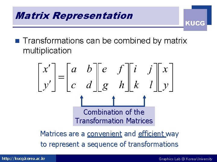 Matrix Representation n KUCG Transformations can be combined by matrix multiplication Combination of the Matrix Representation n KUCG Transformations can be combined by matrix multiplication Combination of the
