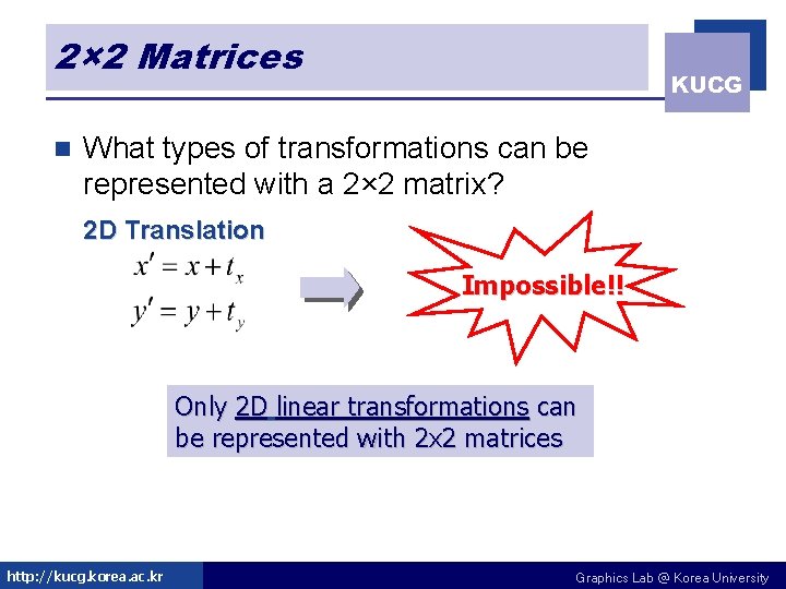 2× 2 Matrices n KUCG What types of transformations can be represented with a 2× 2 Matrices n KUCG What types of transformations can be represented with a