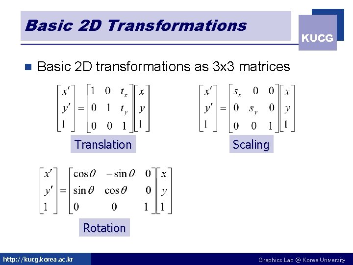 Basic 2 D Transformations n KUCG Basic 2 D transformations as 3 x 3 Basic 2 D Transformations n KUCG Basic 2 D transformations as 3 x 3