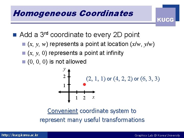 Homogeneous Coordinates n KUCG Add a 3 rd coordinate to every 2 D point Homogeneous Coordinates n KUCG Add a 3 rd coordinate to every 2 D point