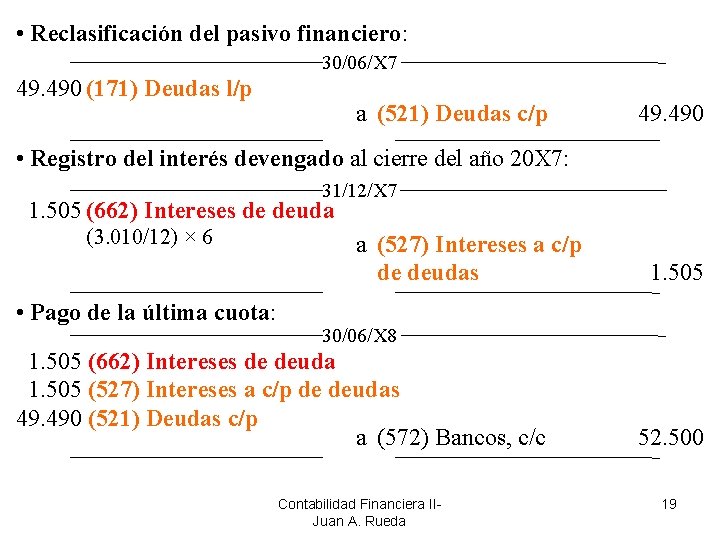  • Reclasificación del pasivo financiero: 30/06/X 7 49. 490 (171) Deudas l/p a