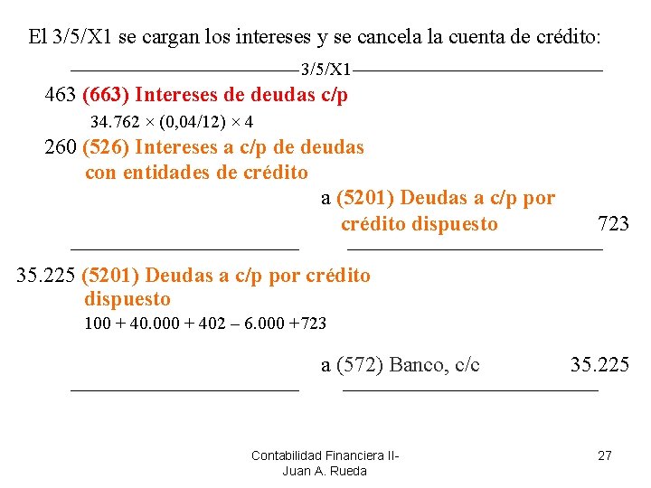El 3/5/X 1 se cargan los intereses y se cancela la cuenta de crédito: